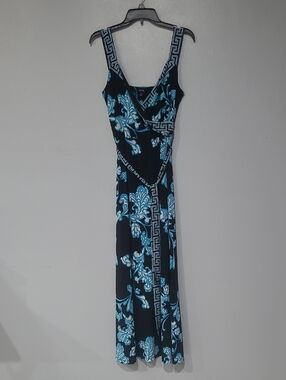 Apt. 9 Black and Turquiose Blue Floral Maxi Dress With Greek Key Accents
